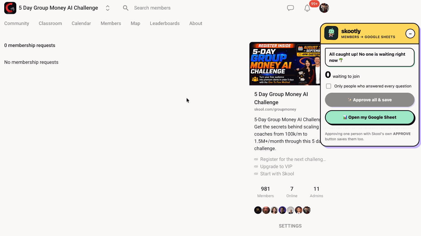 Screen recording: the Skootly panel on a Skool membership requests page with Approve all and Open my Google Sheet buttons